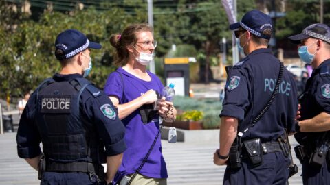 Police accosting Sydney University student and staff member Kelton Muir. Photo credit Aman Kapoor