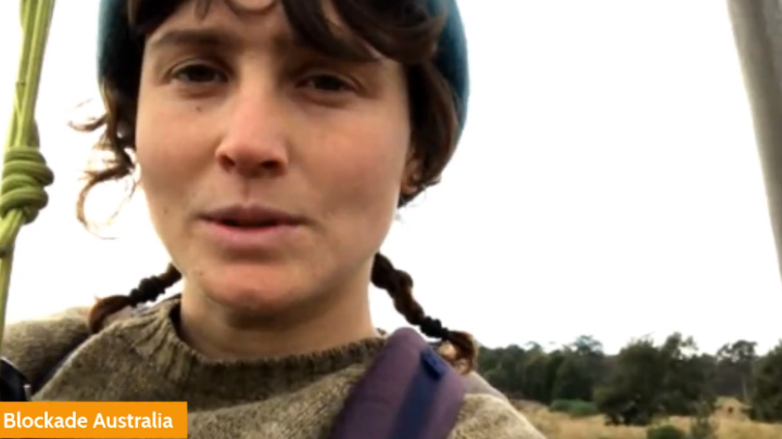 Grace hanging from a tripod beside the Newcastle Coal Port rail line on 29 June 2024