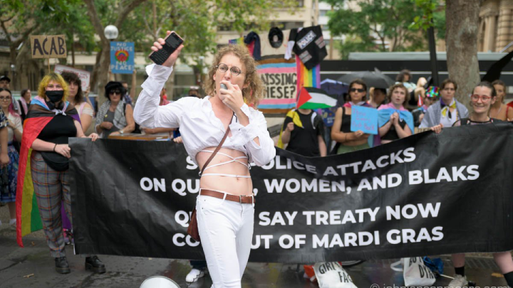 Quay-Quay Quade addressing a Pride in Protest pre-Mardi Gras parade rally this year