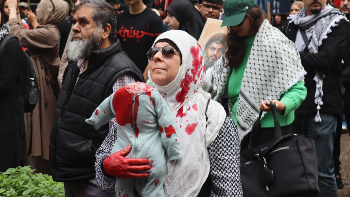 Fake blood at Palestine protest 