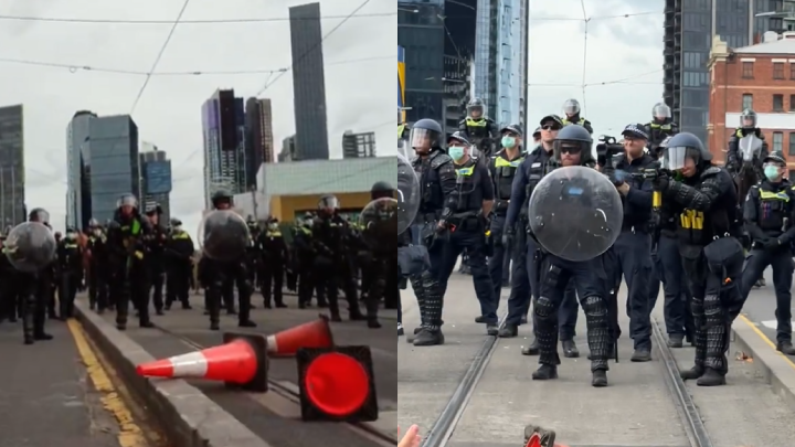 Screenshots of lines of Victoria police. On the right an officer is shooting into the crowd using a nonlethal crowd control weapon that has potential to be fatal