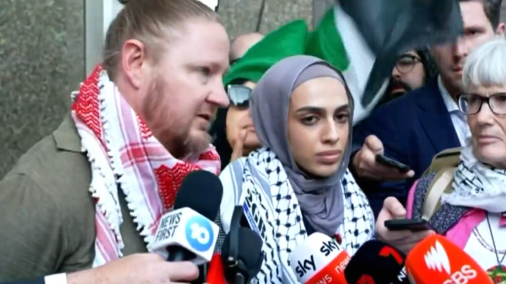 Screenshot of Josh Lees and Amal Naser addressing the press before NSW Supreme Court on Thursday, following successful negotiations