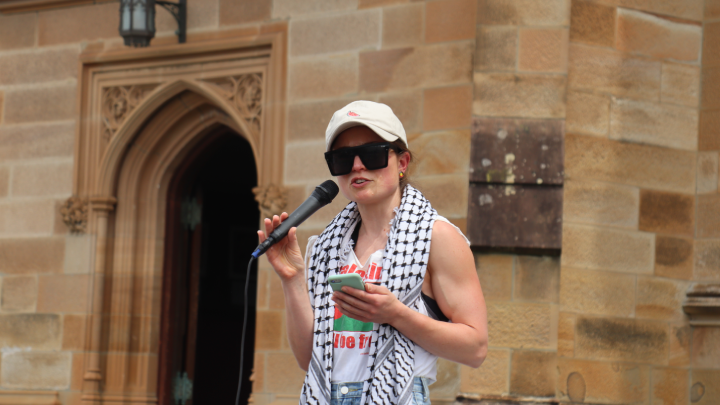 NTEU for Palestine member Dr Markela Panegyres drew a comparison between the colonial institution that is Sydney University and those in Israel, as all have been established on the genocide of Indigenous people