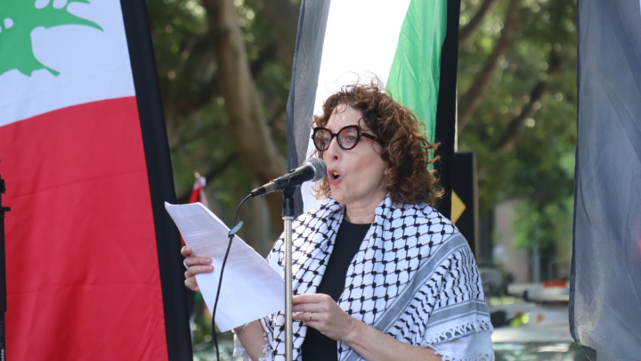 Western Sydney Professor Alana Lentin addresses the Free Palestine protest on Gadigal land