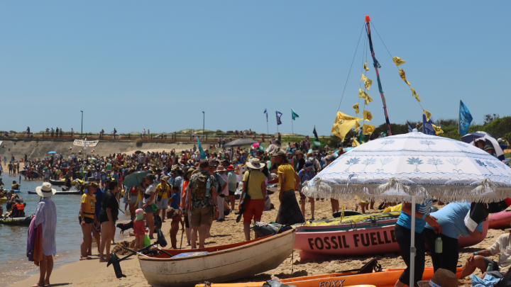 Thousands of Rising Tide supporters roar with victory on Horseshoe Beach at around 11.30 am on Sunday 24 November as it became apparent that the unapproved protest succeeded in turning away a coal ship