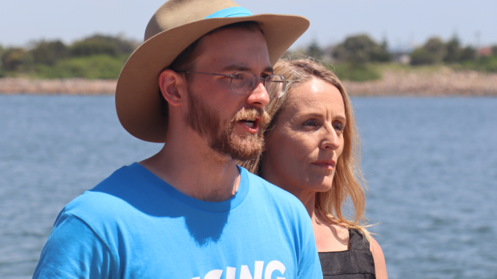 Rising Tide organiser Zack Schofield and NSW Greens MLC Sue Higginson speak to the press about the victory of The People’s Protest