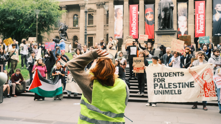 University student Jasmine Duff addresses a Students for Palestine rally