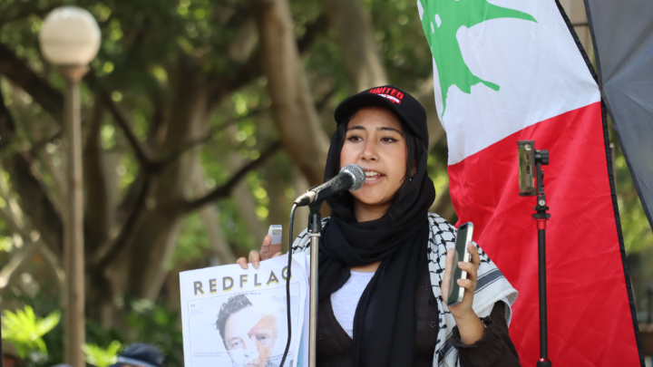 USYD Students for Palestine convenor Jasmine Al-Wari told the protest crowd that she’s proud to support a Free Palestine and to have helped set up the USYD Gaza Solidarity Encampment