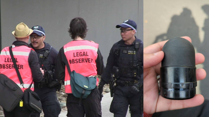 At Disrupt Land Forces, even the Legal Observers were fair game for Victoria police and on the right is a photo of one of the rubber bullets that were fired at unarmed protesters. Photo credit MALS