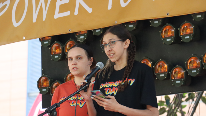 Sovereignty Day rally MC Wiradjuri and Gomeroi woman Kyana Hickey and her fellow MC Keisha Williams. Both are granddaughters of Isabel Coe and Billy Craigie