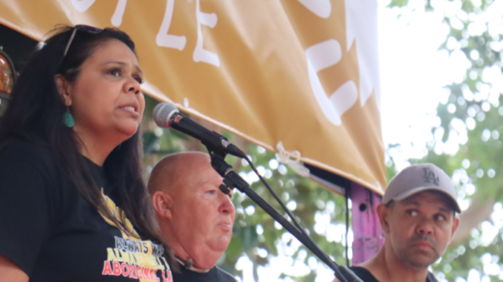 Wiradjuri and Badu Island Yinaa Lynda-June Coe addressed the rally in opening, with Wiradjuri men Uncle Dave Bell and Willei Coe right