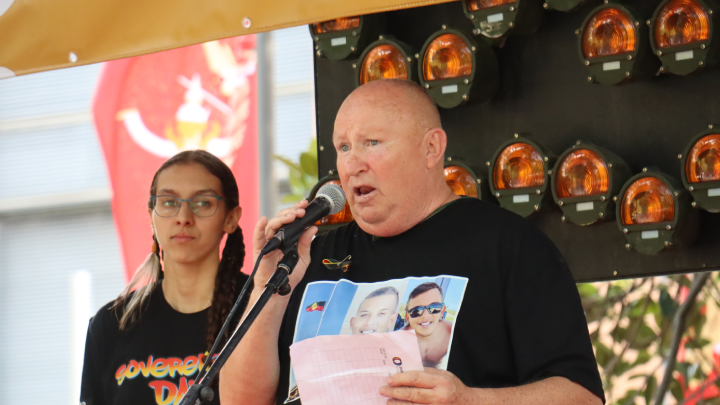 Wiradjuri elder Uncle Dave Bell said Welcome to Country, with rally MC Wiradjuri and Gomeroi woman Kyana Hickey to his left