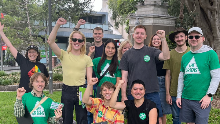 Australian Greens candidate for Sydney Luc Velez out doorknocking in Glebe with his supporters 