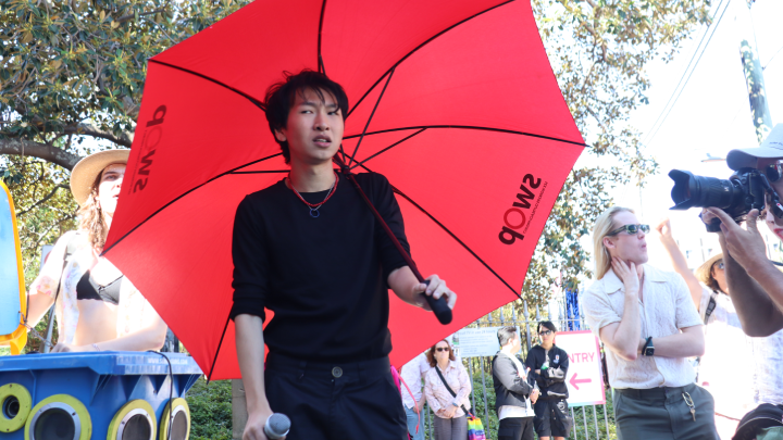 Pride in Protest's Damien Nguyen addresses the protest crowd