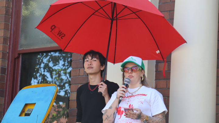 SWOP (Sex Worker Outreach Program) policy officer Soss discusses the NSW police approach to LGBTIQA+ communities and sex workers. Mardi Gras board member Damien Nguyen to her left