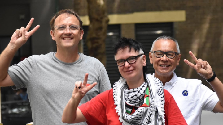 Socialist Alliance candidate for Sydney Rachel Evans (front), with Socialist Alliance NSW Senate candidates Peter Boyle (right) and Andrew Chuter (left)