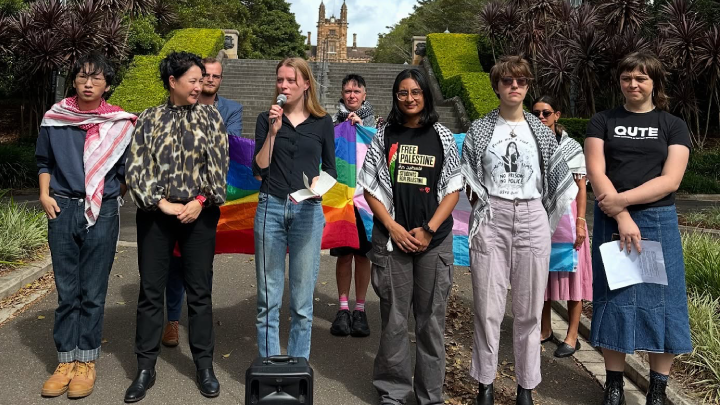 The USYD Student Representative Council, NSW Greens, USYD Students for Palestine, Queer Unionists in Tertiary Education and Pride in Protest 6 March demonstration at Sydney University